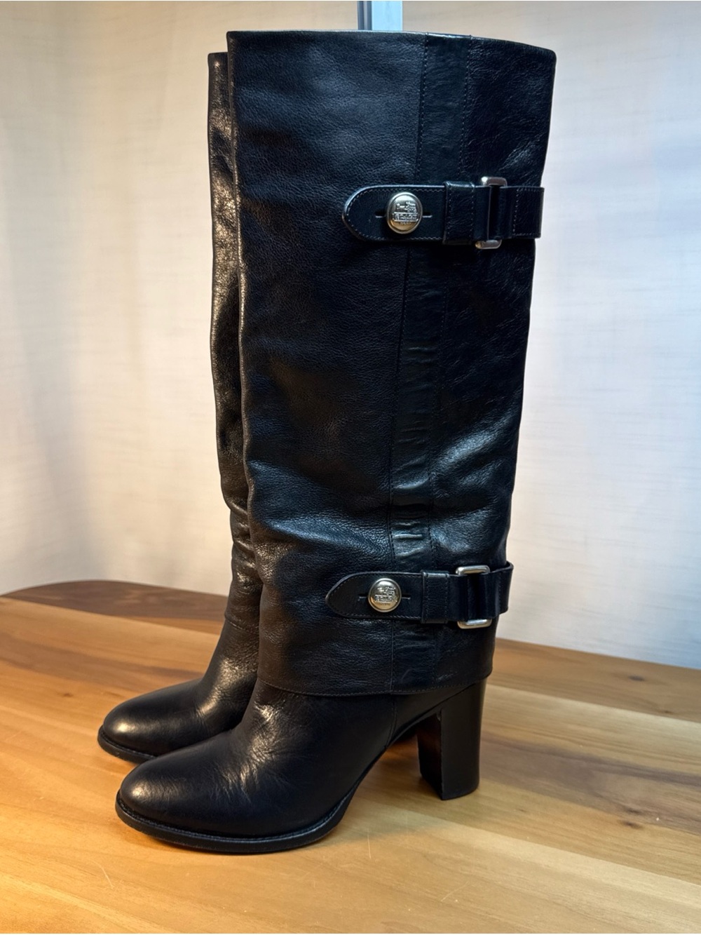 COACH Tall Sage Soft Tumbled Calf Leather Boots Black  Sz 6 B / 3" Heel Boho